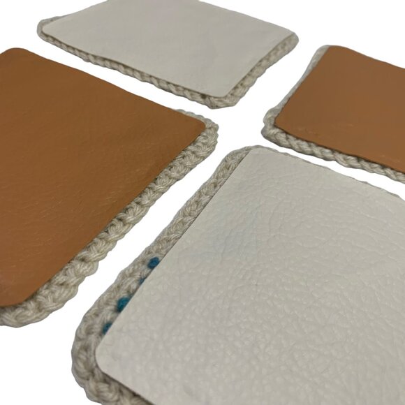 Mug Rugs Coasters Handmade Crochet Square Beige Tan Teal Vinyl Back Set of 4 - Picture 8 of 11